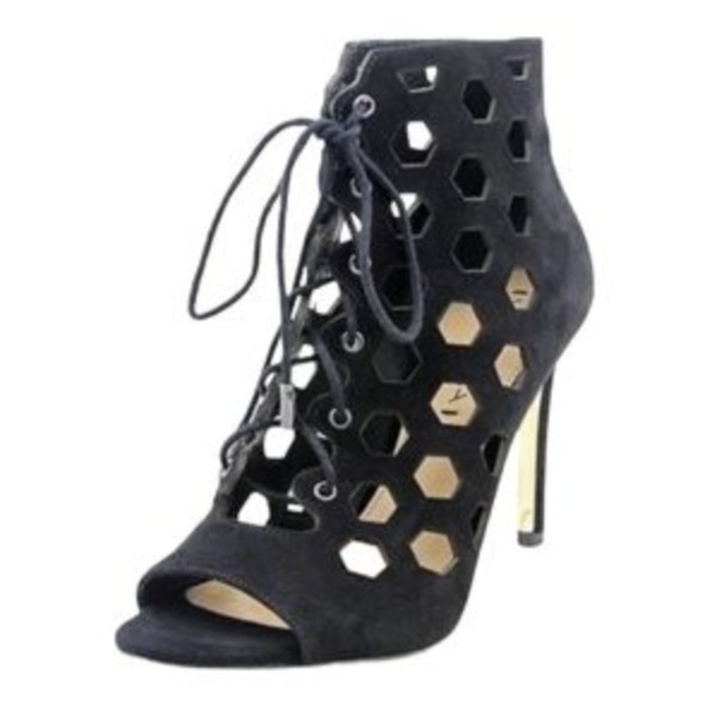 Via Spiga Eloise Black Suede Cage Booties Lace-Up Heels 7.5